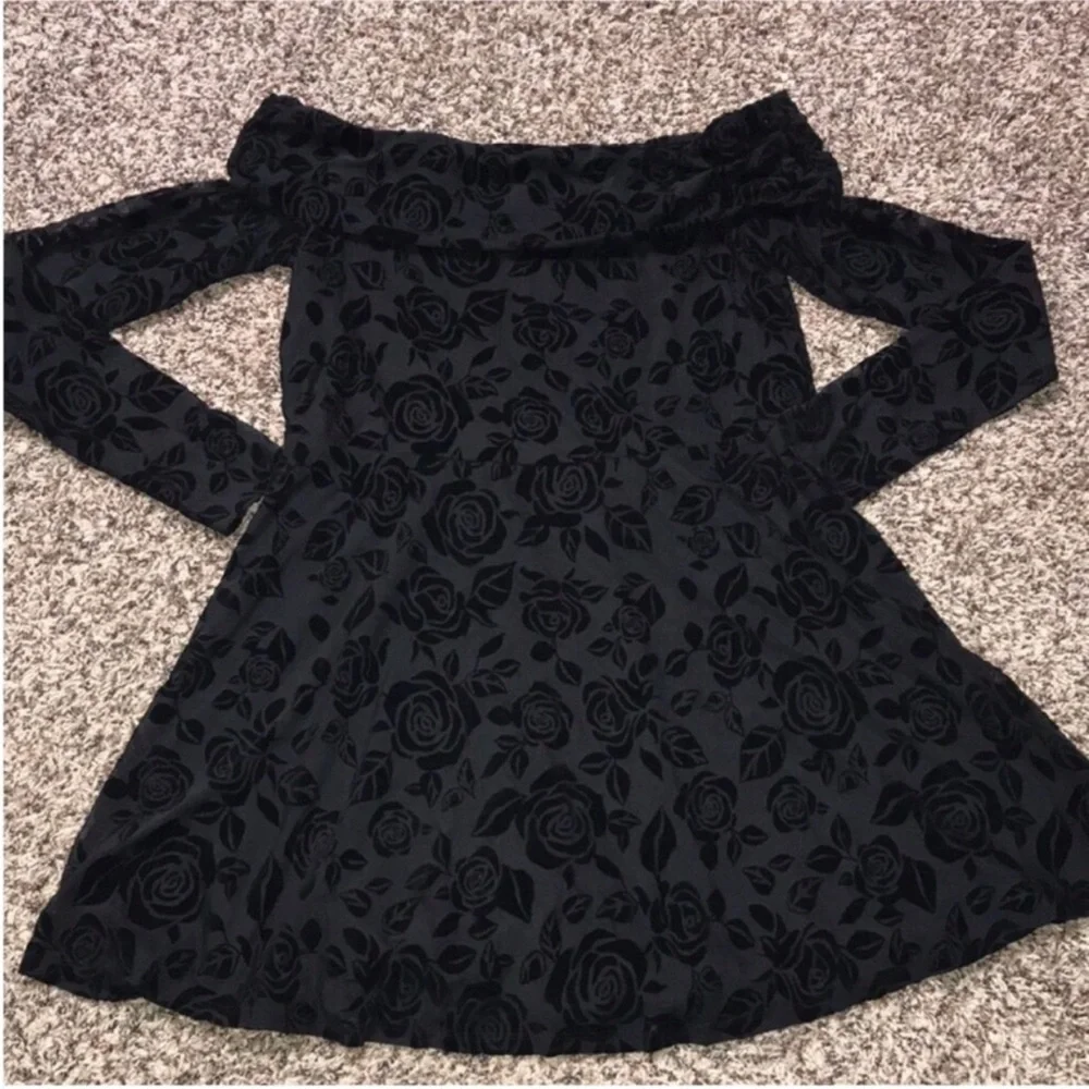 Wild Fable Black Flocked Off-Shoulder Fit and Flare Long Sheer Sleeve Mini Dress - Picture 4 of 10